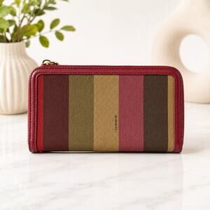 Fendi Pequin Stripe Zip Around Wallet Brown Red Leather Vintage